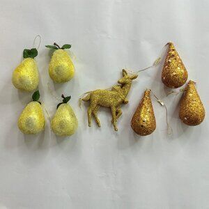VTG Christmas Ornaments‎ Set Of 8 Glittery Gold Pear Deer DIY Holiday Crafts